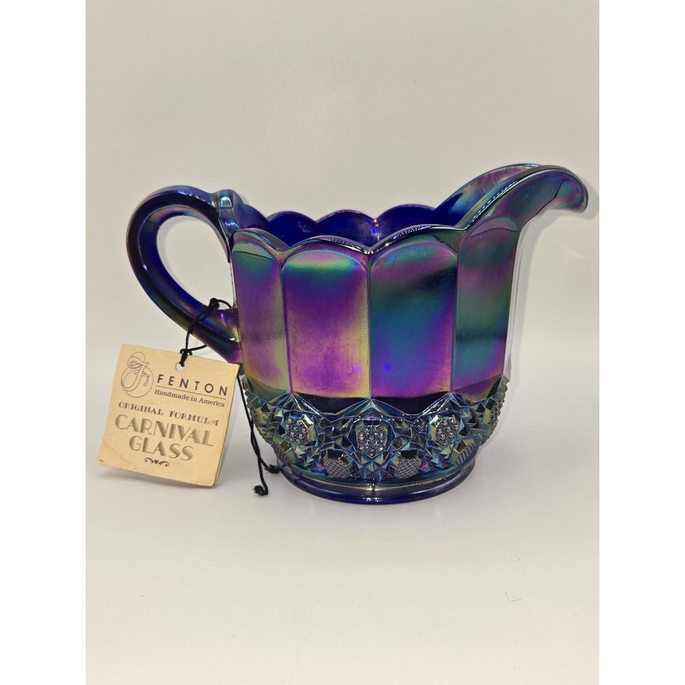 Fenton 1987 Blue Carnival Glass Pitcher Plytec Iridescent 9461 NK 5.5"
